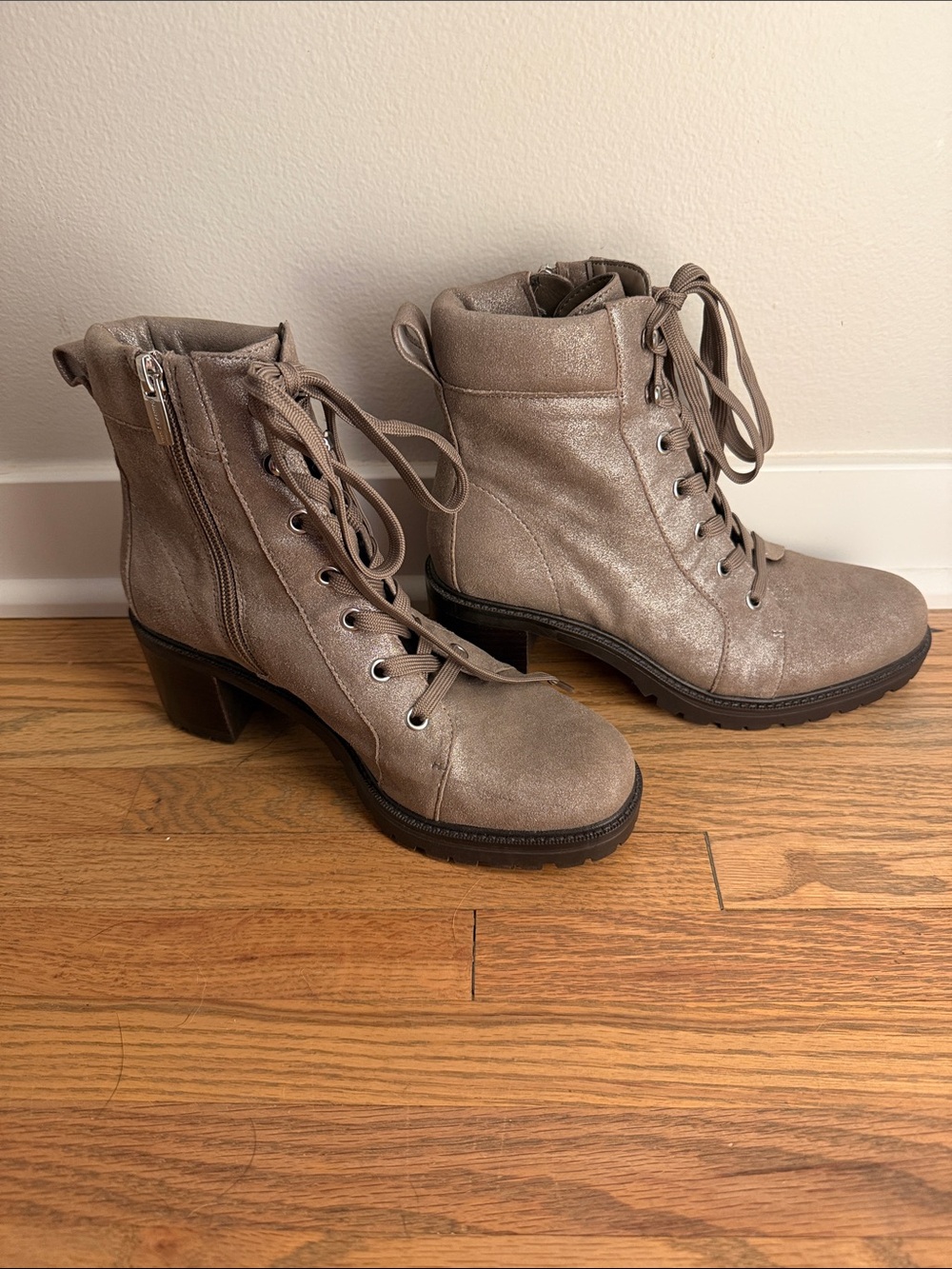 Vince Camuto Shimmery Taupe Lace-Up Heeled Ankle Boots